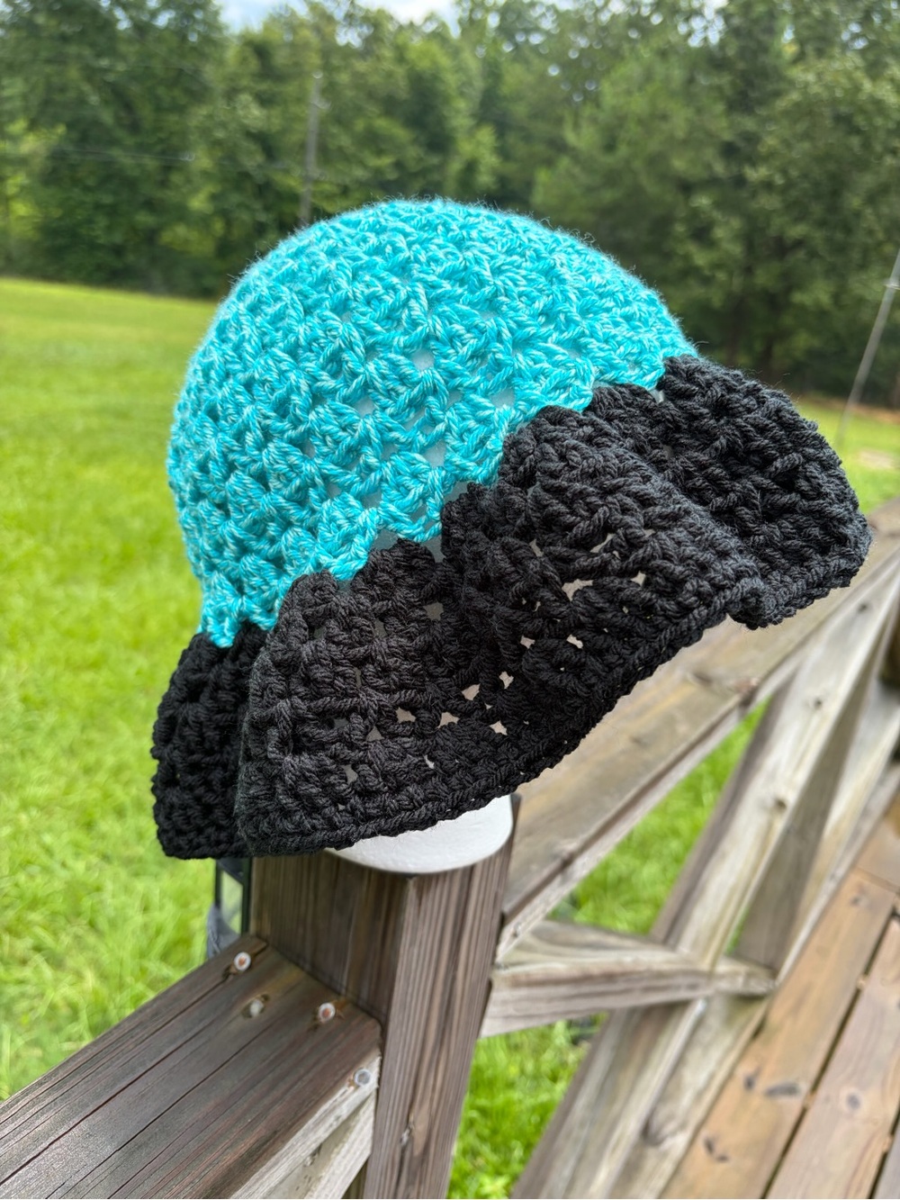 Handmade Crochet Bucket Hat | Black & Turquoise | Boho Summer Sun Hat - Picture 3 of 4